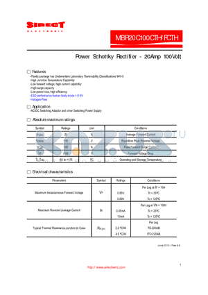 MBR20C100CTH datasheet - Power Schottky Rectifier - 20Amp 100Volt