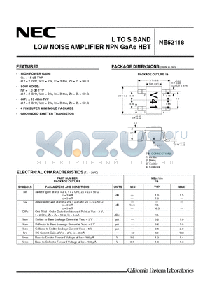 NE52118 datasheet - L TO S BAND LOW NOISE AMPLIFIER NPN GaAs HBT