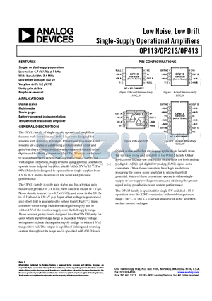 OP113ES datasheet - Low Noise, Low Drift Single-Supply Operational Amplifiers