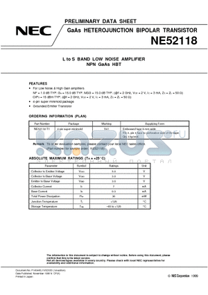 NE52118-T1 datasheet - L to S BAND LOW NOISE AMPLIFIER NPN GaAs HBT