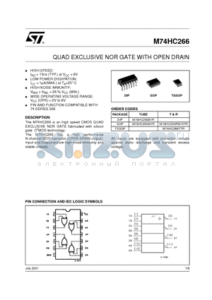 M74HC266B1R datasheet - QUAD EXCLUSIVE NOR GATE WITH OPEN DRAIN