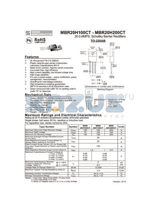 MBR20H100CT datasheet - 20.0 AMPS. Schottky Barrier Rectifiers