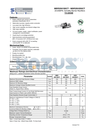 MBR20H100CT datasheet - 20.0AMPS. Schottky Barrier Rectifiers Guard-ring for overvoltage protection