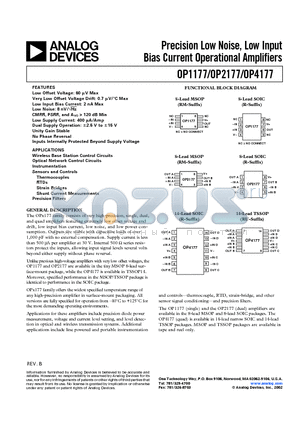 OP1177 datasheet - Precision Low Noise, Low Input Bias Current Operational Amplifiers