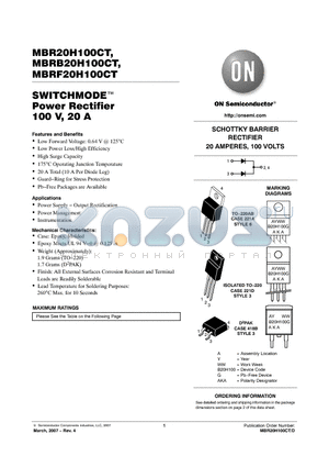 MBR20H100CTG datasheet - SWITCHMODE Power Rectifier 100 V, 20 A