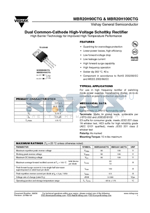MBR20H100CTG datasheet - Dual Common-Cathode High-Voltage Schottky Rectifier