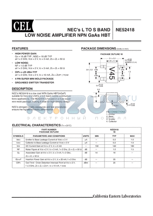 NE52418-T1-A datasheet - NECs L TO S BAND LOW NOISE AMPLIFIER NPN GaAs HBT