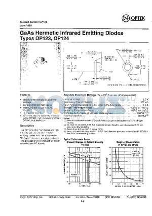 OP123 datasheet - GAAS HERMETIC INFRARED EMITTING DIODES