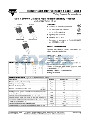 MBR20H150CT-E3/45 datasheet - Dual Common-Cathode High-Voltage Schottky Rectifier