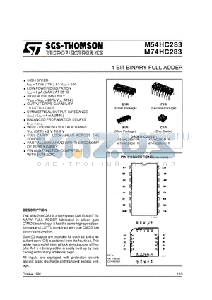 M74HC283 datasheet - 4 BIT BINARY FULL ADDER