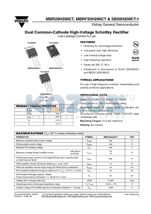 MBR20H200CT datasheet - Dual Common-Cathode High-Voltage Schottky Rectifier
