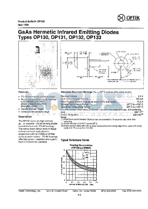 OP133 datasheet - GaAs Hermetic Infrared Emitting Diodes Types