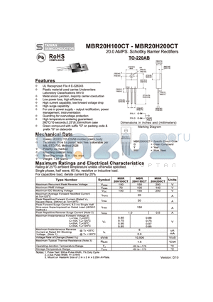 MBR20H200CT datasheet - 20.0 AMPS. Schottky Barrier Rectifiers