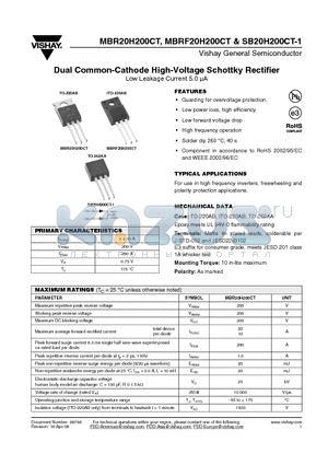 MBR20H200CT-E3/45 datasheet - Dual Common-Cathode High-Voltage Schottky Rectifier