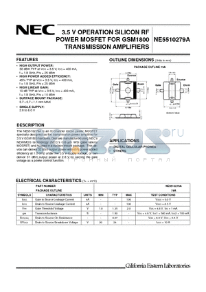 NE5510279A datasheet - 3.5 V OPERATION SILICON RF POWER MOSFET FOR GSM1800 TRANSMISSION AMPLIFIERS