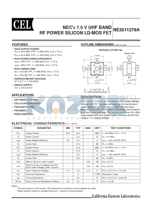 NE5511279A datasheet - NECS 7.5 V UHF BAND RF POWER SILICON LD-MOS FET