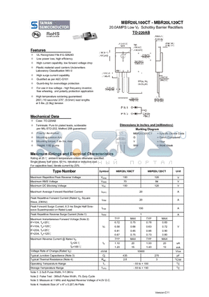 MBR20L100CT_11 datasheet - 20.0AMPS Low VF Schottky Barrier Rectifiers