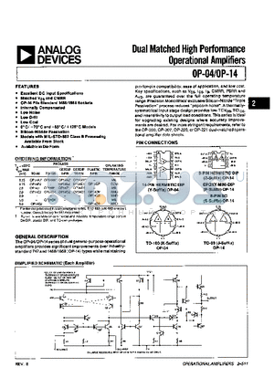 OP14EP datasheet - DUAL MATCHED HIGH PERFORMANCE OPERATIONAL AMPLIFIERS