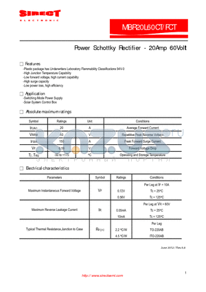 MBR20L60CT datasheet - Power Schottky Rectifier - 20Amp 60Volt