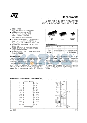 M74HC299 datasheet - 8 BIT PIPO SHIFT REGISTER WITH ASYNCHRONOUS CLEAR