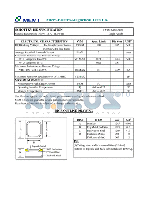 MBR2100 datasheet - SCHOTTKY DIE SPECIFICATION