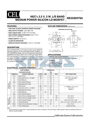 NE5520379A-T1A-A datasheet - NECs 3.2V, 3W, L/S BAND MEDIUM POWER SILICON LD-MOSFET