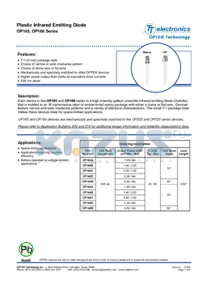 OP165B datasheet - Plastic Infrared Emitting Diode