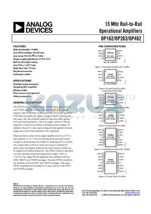 OP162GSZ datasheet - 15 MHz Rail-to-Rail Operational Amplifiers