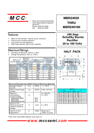MBR24030 datasheet - 240 Amp Rectifier 20 to 100 Volts Schottky Barrier