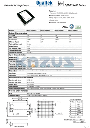 QPDS15-48S datasheet - Approved to IEC/EN60950, UL60950 Safety Standards Remote Control