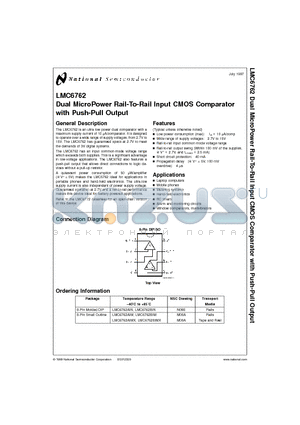 LMC6762BIMX datasheet - Dual MicroPower Rail-To-Rail Input CMOS Comparator with Push-Pull Output