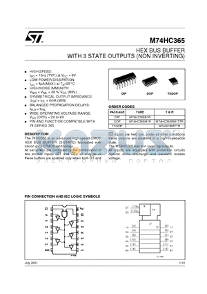 M74HC365TTR datasheet - HEX BUS BUFFER WITH 3 STATE OUTPUTS (NON INVERTING)