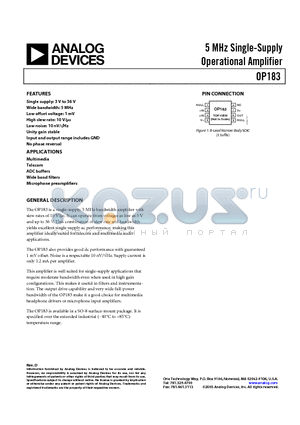 OP183GS datasheet - 5 MHz Single-Supply Operational Amplifier