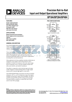 OP184 datasheet - Precision Rail-to-Rail Input and Output Operational Amplifiers