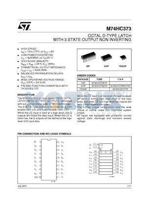 M74HC373RM13TR datasheet - OCTAL D-TYPE LATCH WITH 3 STATE OUTPUT NON INVERTING