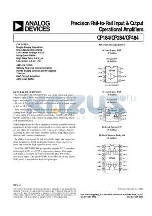 OP184ES datasheet - Precision Rail-to-Rail Input & Output Operational Amplifiers