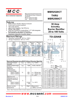 MBR2520CT datasheet - 30 Amp Schottky Barrier Rectifier 20 to 100 Volts