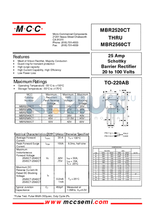 MBR2530CT datasheet - 25 Amp Schottky Barrier Rectifier 20 to 100 Volts