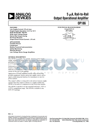 OP186GRT datasheet - 5 uA, Rail-to-Rail Output Operational Amplifier