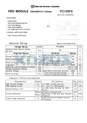 PC100F6 datasheet - FRD MODULE 100A/600V/trr:110nsec