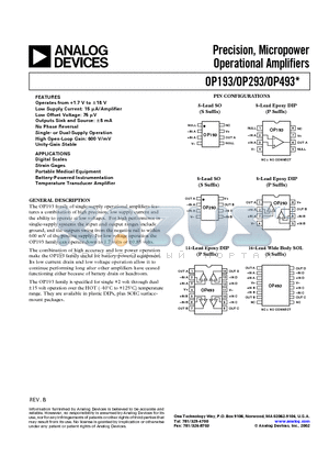 OP193FP datasheet - Precision, Micropower Operational Amplifiers