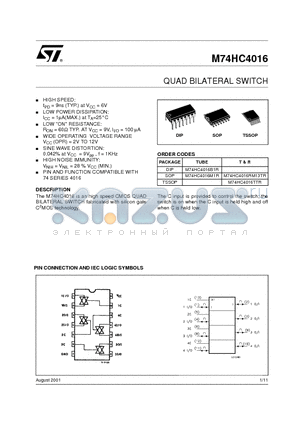 M74HC4016 datasheet - QUAD BILATERAL SWITCH