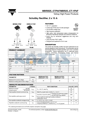 MBR2535CT-1TRRP datasheet - Schottky Rectifier, 2 x 15 A