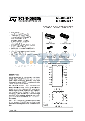 M74HC4017 datasheet - DECADE COUNTER/DIVIDER