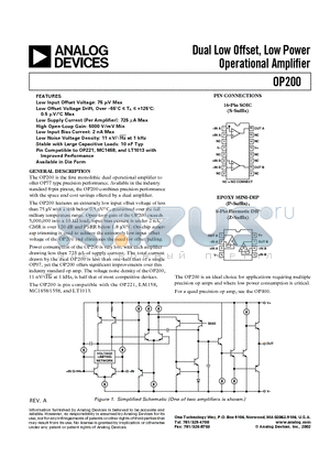 OP200 datasheet - Dual Low Offset, Low Power Operational Amplifier