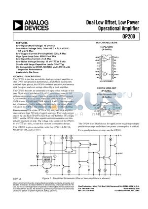 OP200FZ datasheet - Dual Low Offset, Low Power Operational Amplifier