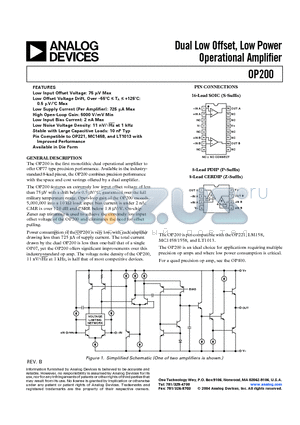 OP200GP datasheet - Dual Low Offset, Low Power Operational Amplifier
