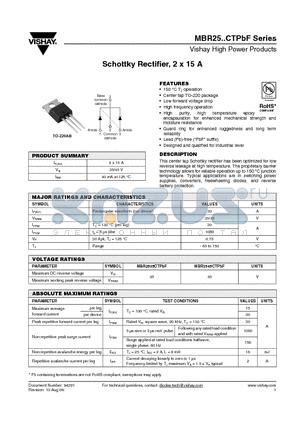 MBR2535CTPBF datasheet - Schottky Rectifier, 2 x 15 A