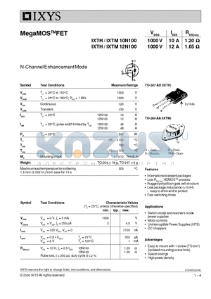 IXTH10N100 datasheet - MegaMOS FET