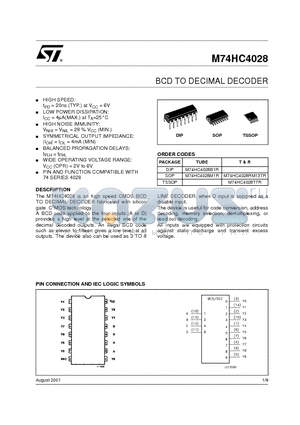 M74HC4028 datasheet - BCD TO DECIMAL DECODER